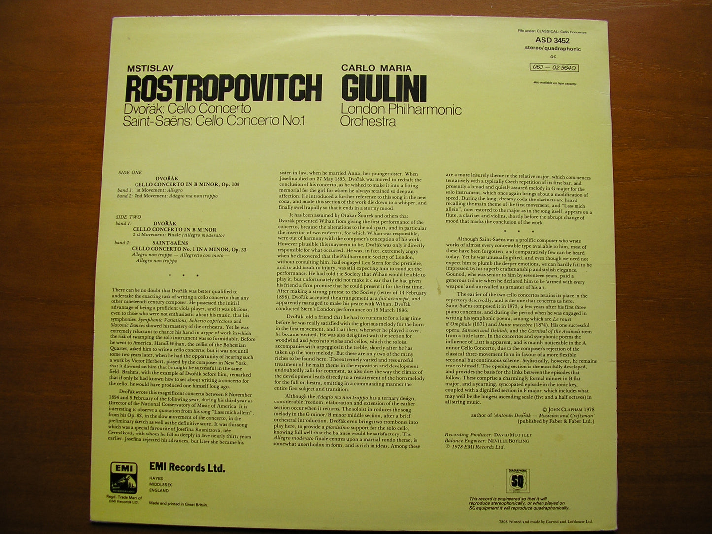 DVORAK: CELLO CONCERTO / SAINT-SAENS: CELLO CONCERTO No. 1      ROSTROPOVICH / LPO / GIULINI      ASD 3452