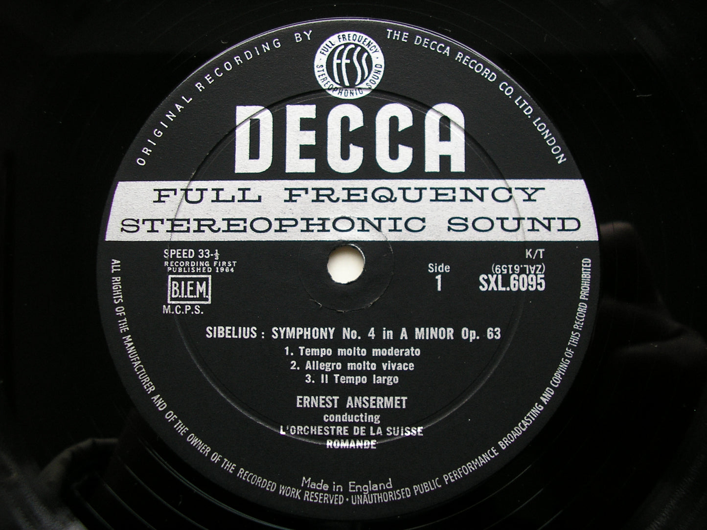 SXL 6095  SIBELIUS: SYMPHONY No. 4 / TAPIOLA        ANSERMET / SUISSE ROMANDE      ED1