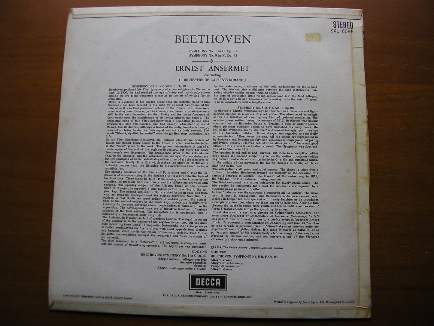 SXL 6096  BEETHOVEN: SYMPHONIES Nos. 1 & 8      ANSERMET / SUISSE ROMANDE     ED1
