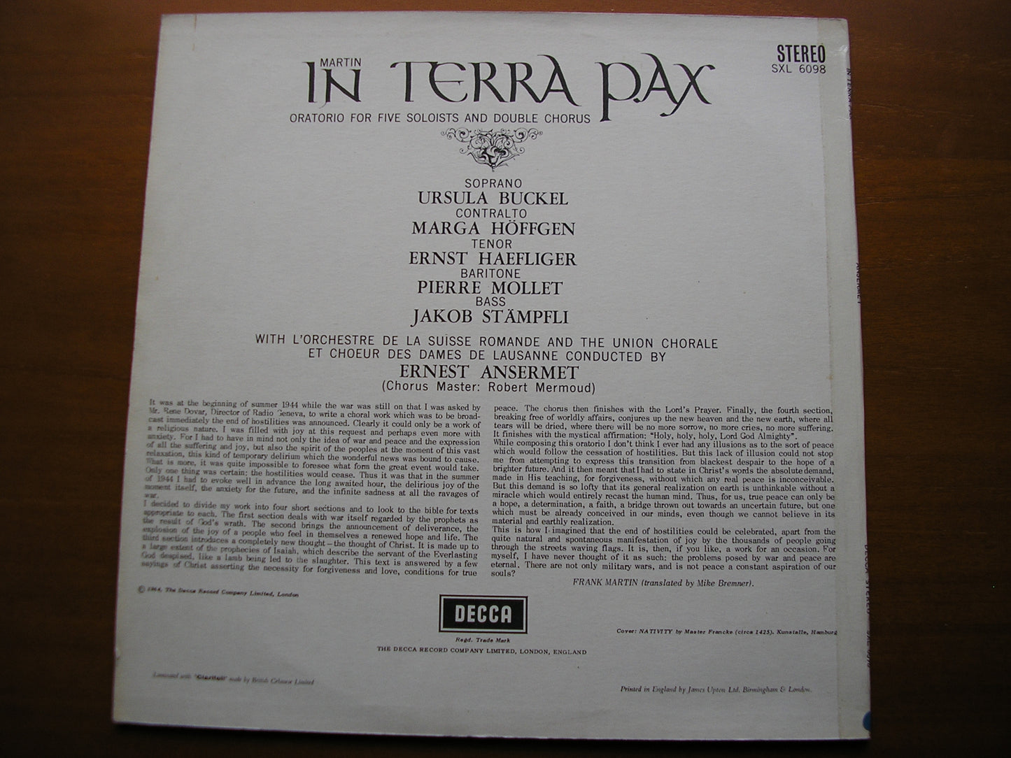 SXL 6098  MARTIN: IN TERRA PAX      SOLOISTS / SUISSE ROMANDE / ANSERMET      ED1
