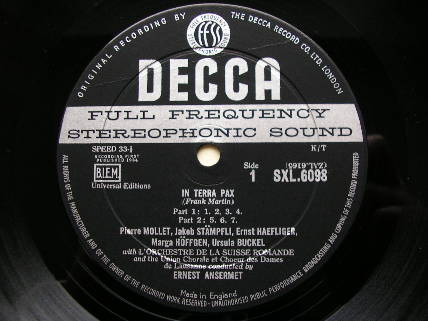 SXL 6098  MARTIN: IN TERRA PAX      SOLOISTS / SUISSE ROMANDE / ANSERMET      ED1