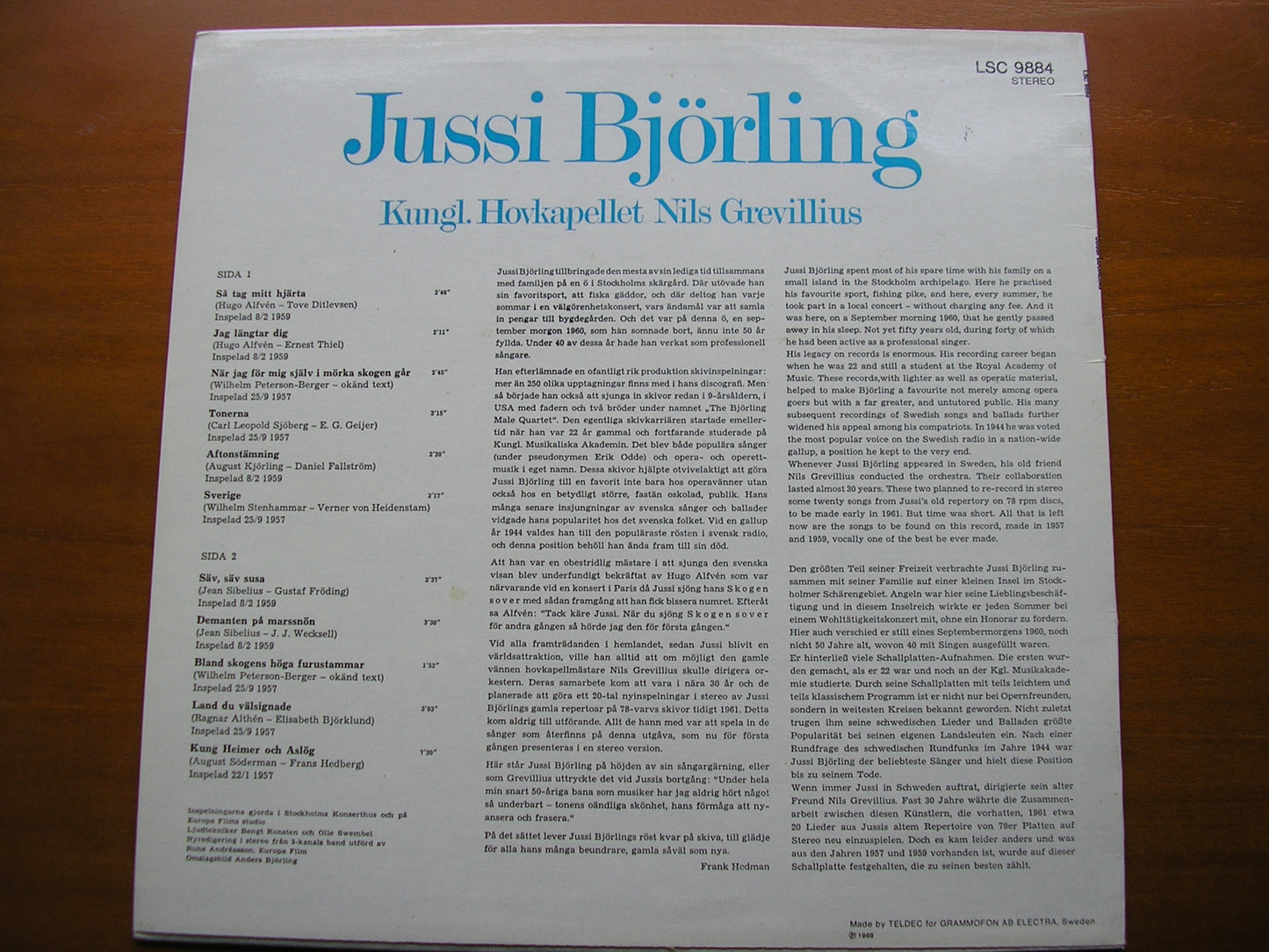 SWEDISH & SCANDINAVIAN SONGS        JUSSI BJORLING / SWEDISH ROYAL OPERA ORCHESTRA / GERVILLIUS      LSC 9884