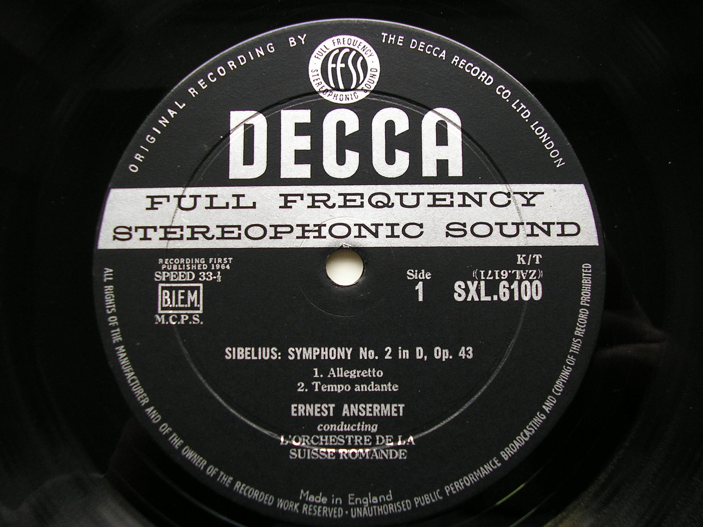 SXL 6100  SIBELIUS: SYMPHONY No. 2      ANSERMET / SUISSE ROMANDE     ED1