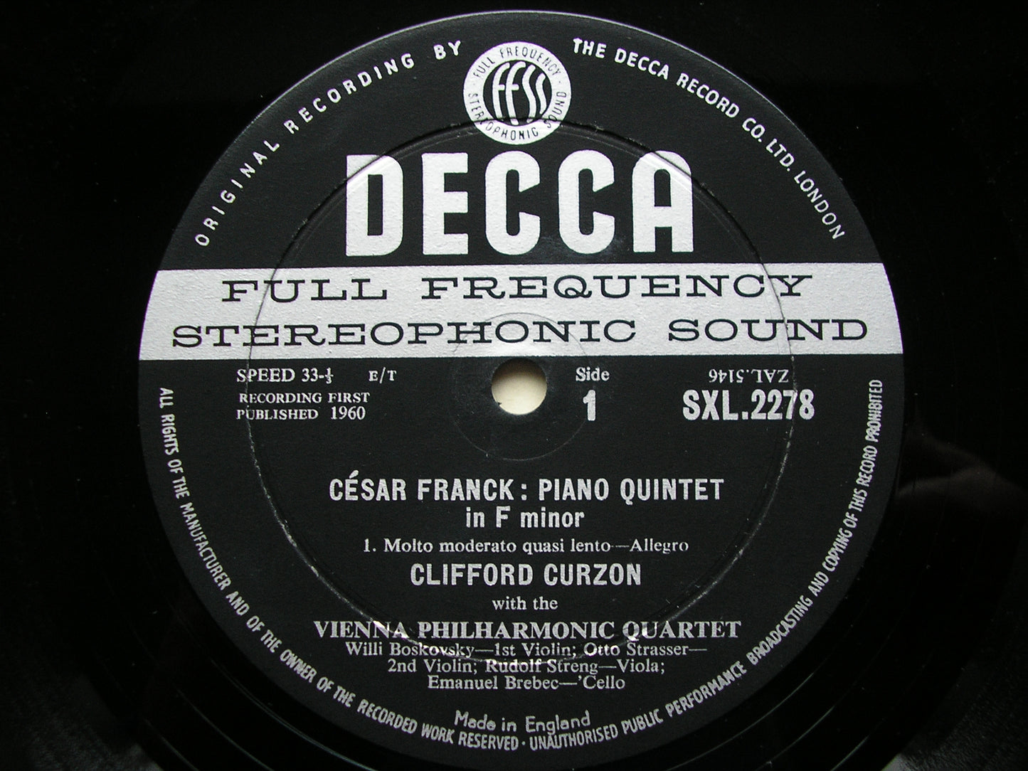 FRANCK: PIANO QUINTET in F       CURZON / VIENNA PHILHARMONIC QUARTET      SXL 2278