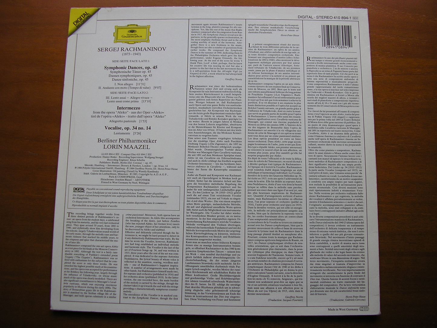 RACHMANINOV: SYMPHONIC DANCES / INTERMEZZO / VOCALISE     MAAZEL / BERLIN PHILHARMONIC   410 894