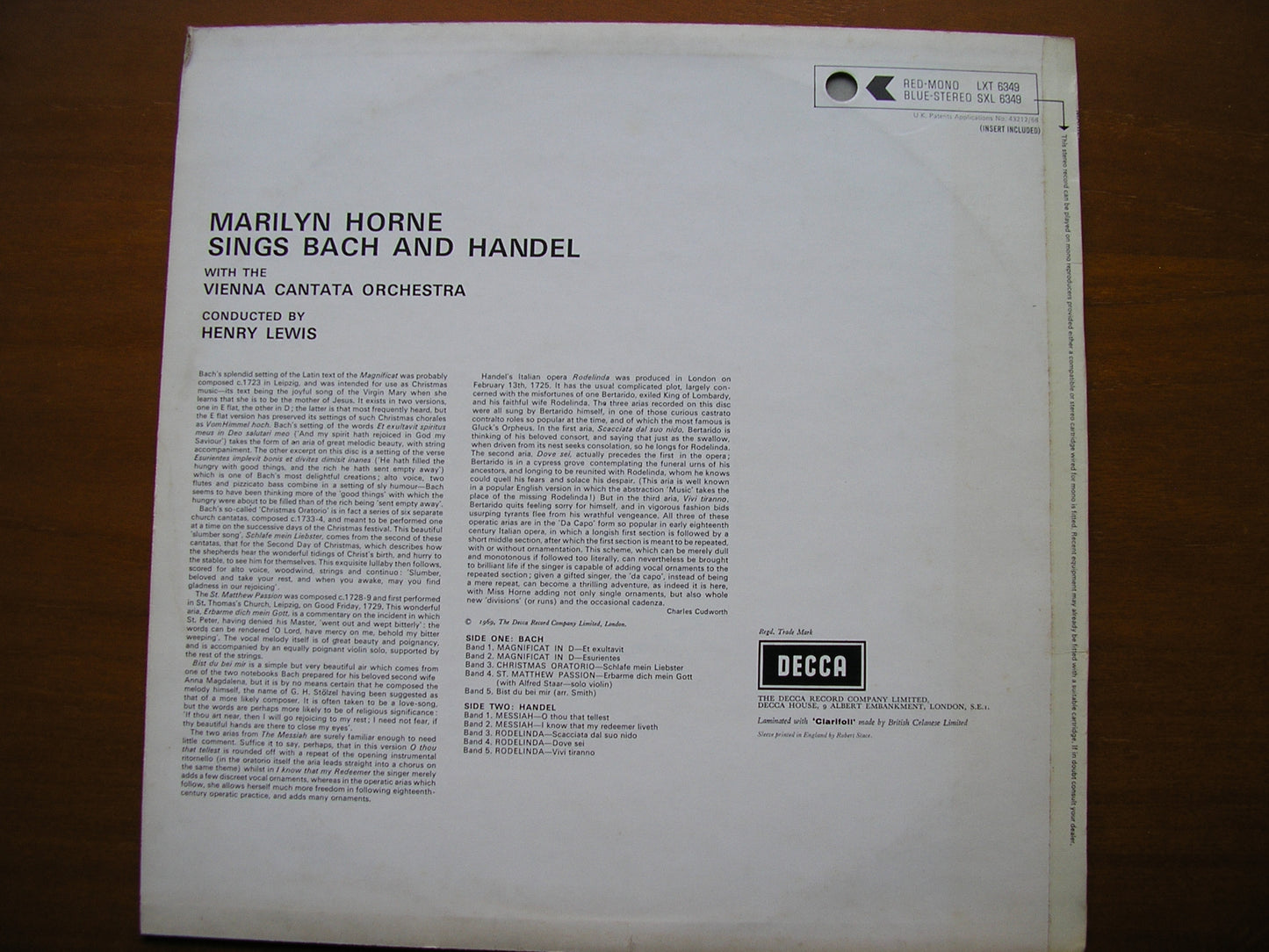 SXL 6349  MARILYN HORNE SINGS BACH & HANDEL     VIENNA CANTATA ORCHESTRA / LEWIS    ED2