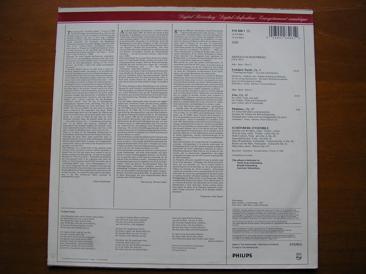 SCHOENBERG: VERKLARTE NACHT / TRIO / PHANTASY      SCHOENBERG ENSEMBLE    416 306