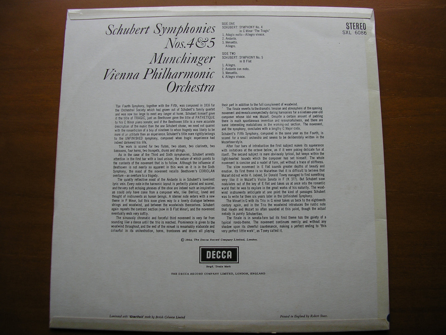SCHUBERT: SYMPHONIES Nos. 4 & 5     MUNCHINGER / VIENNA PHILHARMONIC     SXL 6086