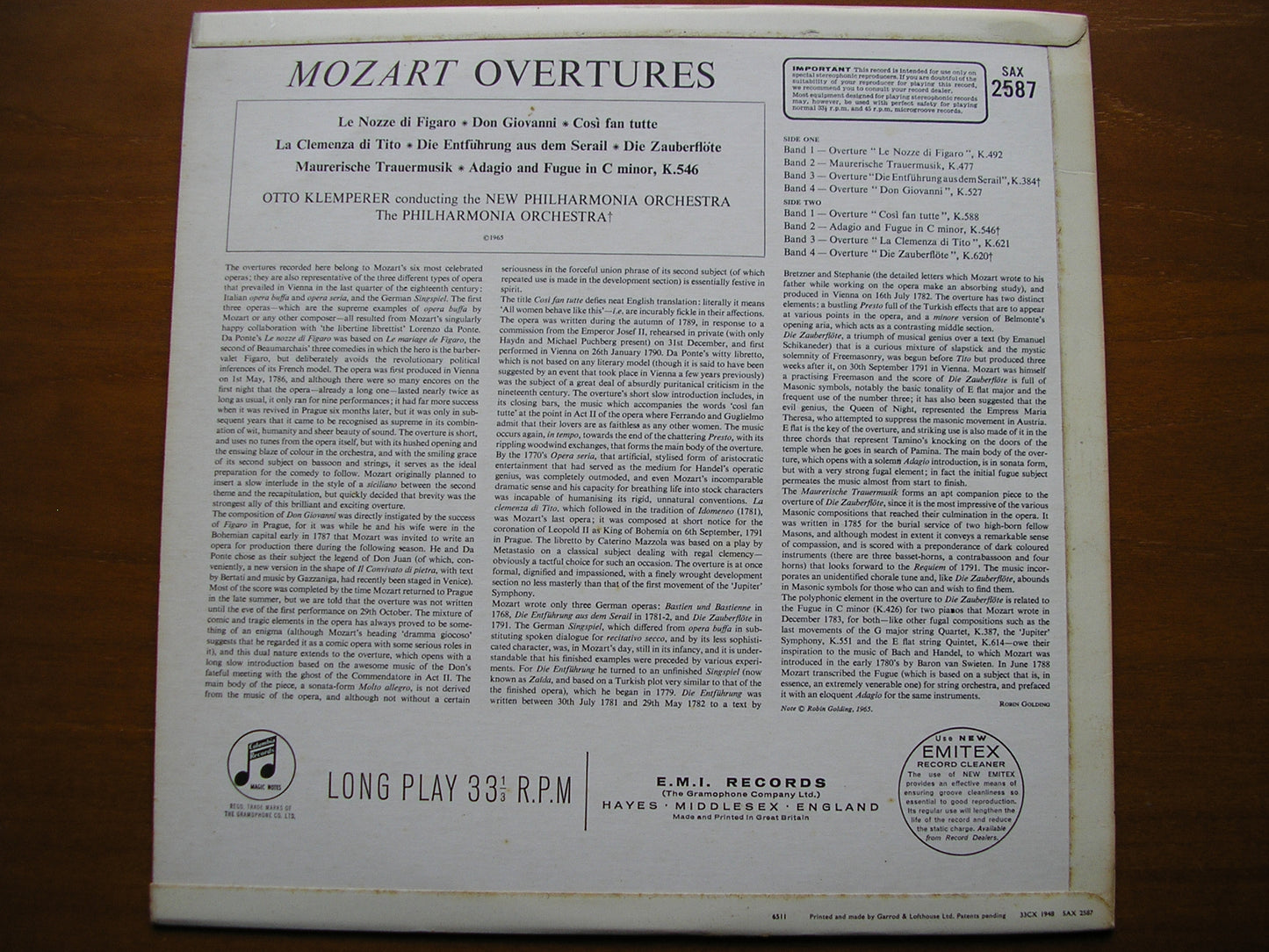 MOZART: OVERTURES     KLEMPERER / NEW PHILHARMONIA / PHILHARMONIA       SAX 2587