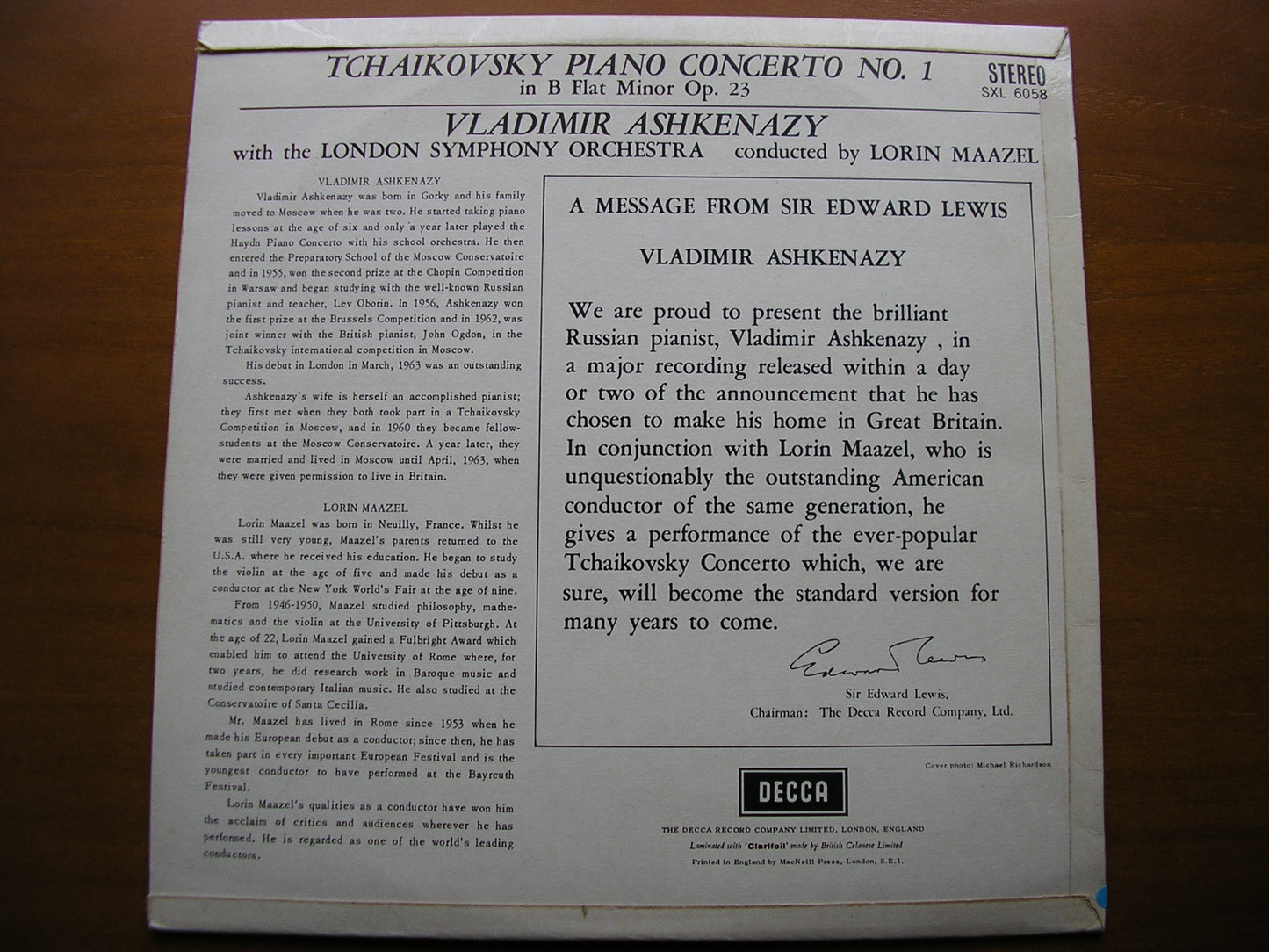 TCHAIKOVSKY: PIANO CONCERTO No. 1     ASHKENAZY / LONDON SYMPHONY / MAAZEL     SXL 6058