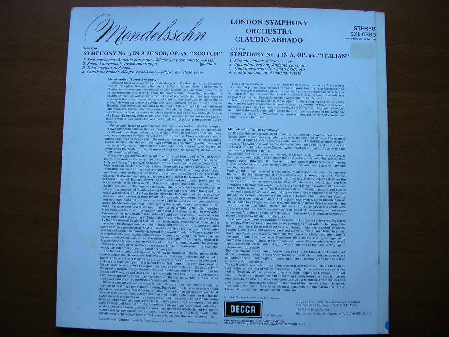 SXL 6363  MENDELSSOHN: SYMPHONIES Nos. 3 & 4       ABBADO / LONDON SYMPHONY    ED1