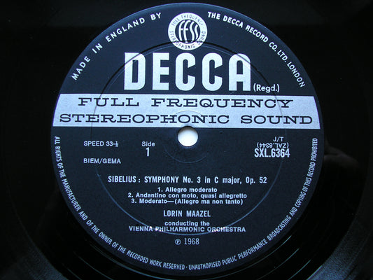 SXL 6364  SIBELIUS: SYMPHONIES Nos. 3 & 6      MAAZEL / VIENNA PHILHARMONIC     ED2