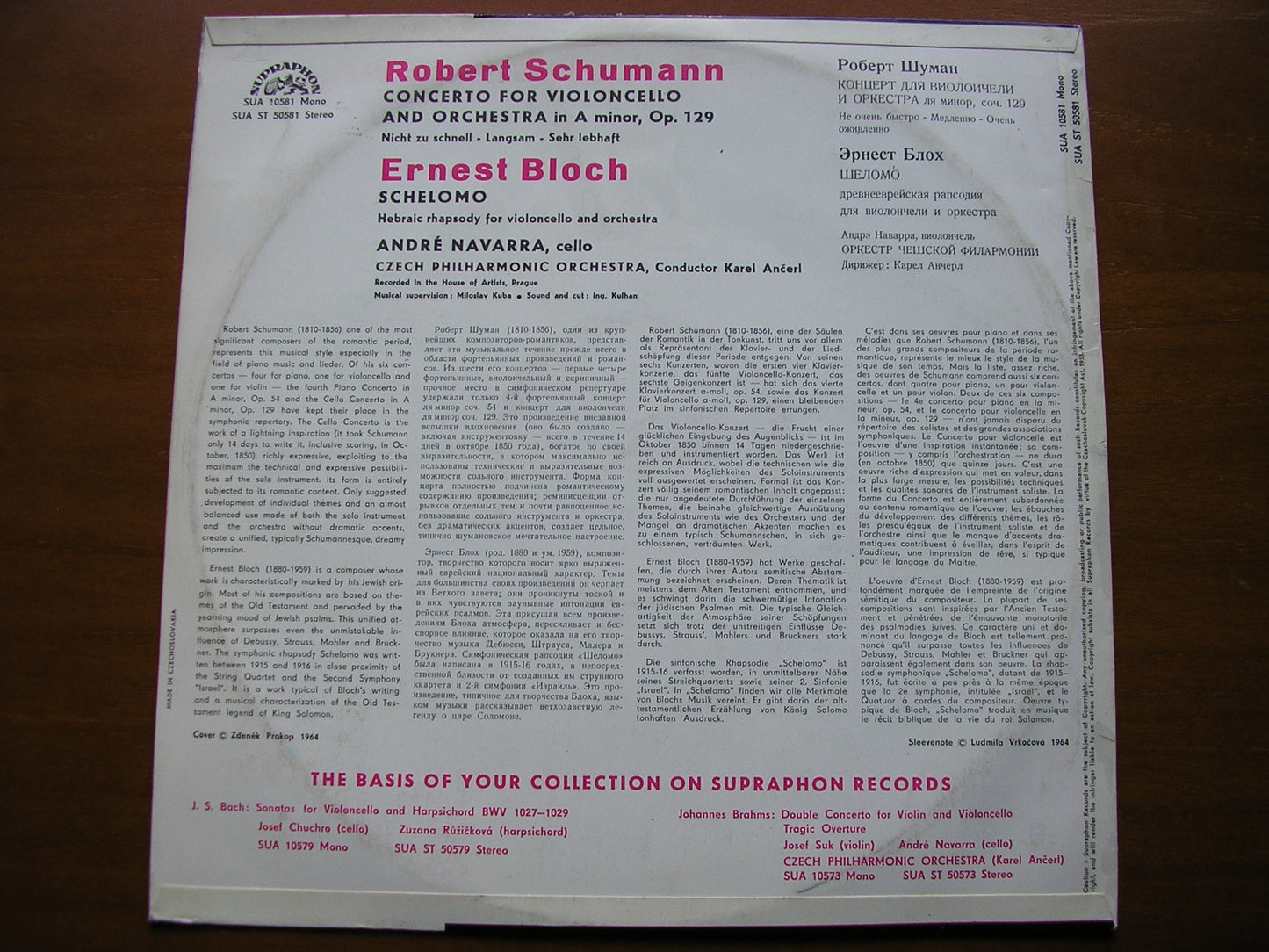 SCHUMANN: CELLO CONCERTO / BLOCH: SCHELOMO      NAVARRA / CZECH PHILHARMONIC / ANCERL    SUA ST 50581