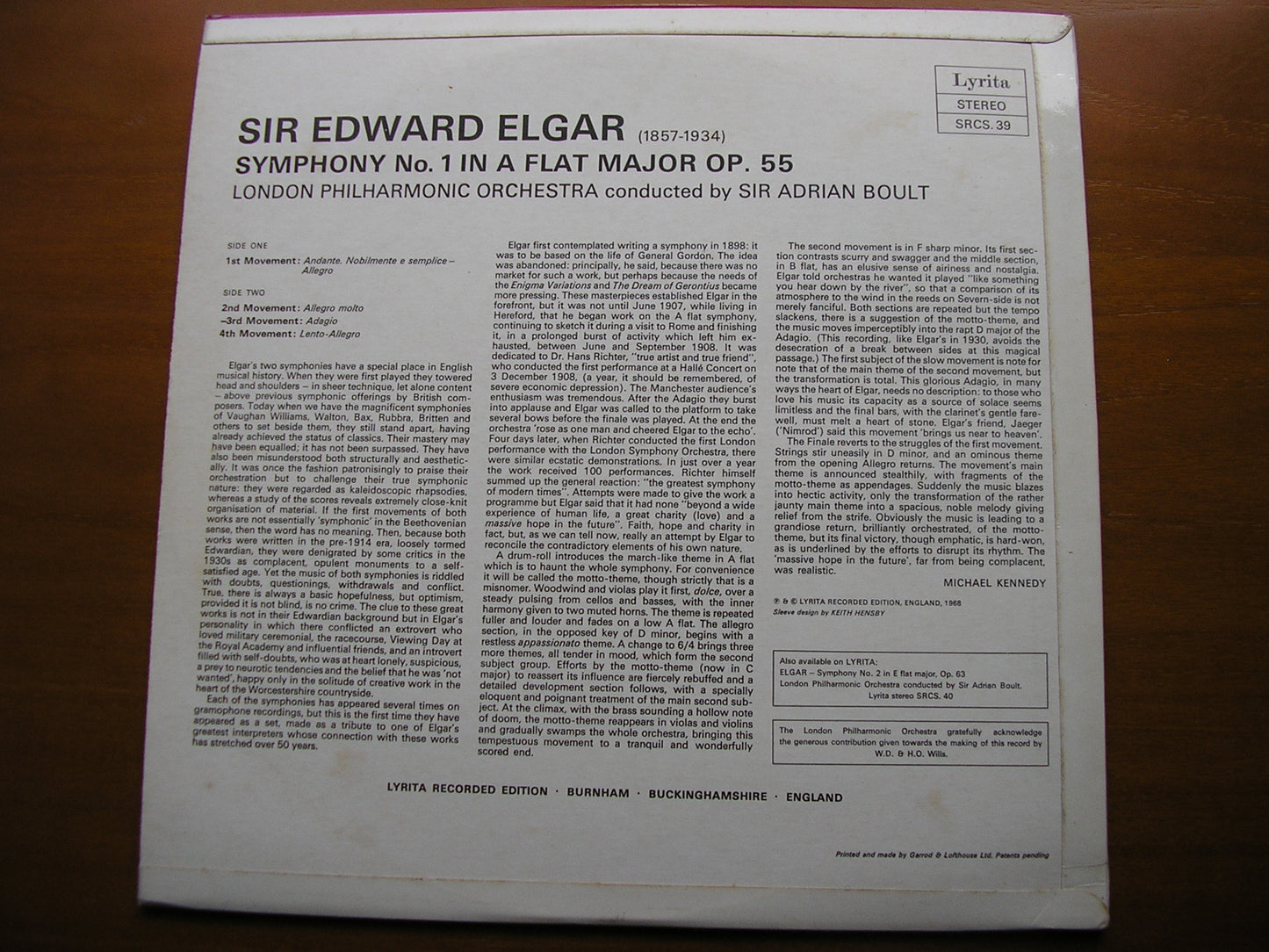 ELGAR: SYMPHONY No. 1     BOULT / LONDON PHILHSRMONIC    SRCS 39