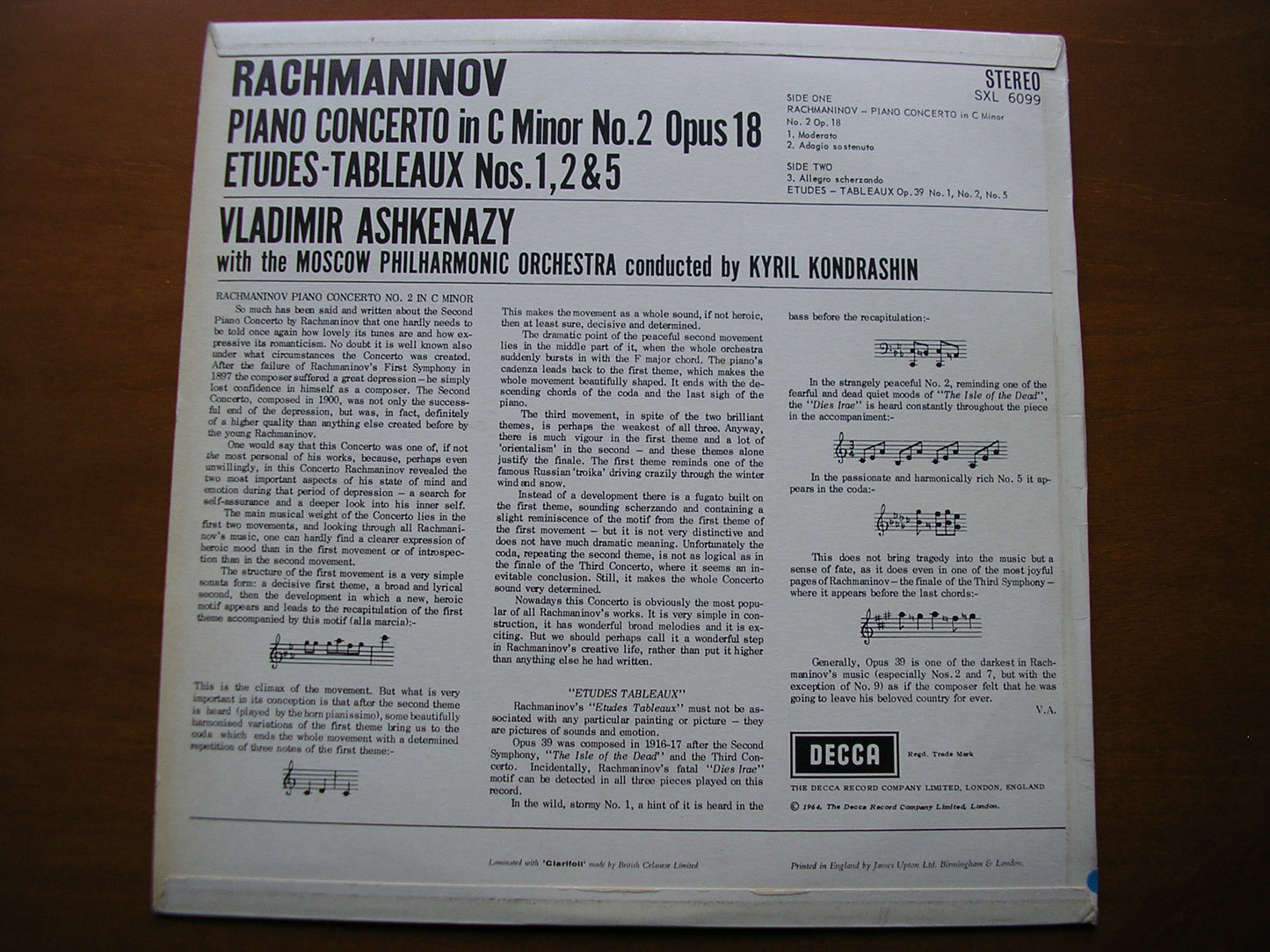 SXL 6099  RACHMANINOV: PIANO CONCERTO No.2 / ETUDES TABLEAUX     ASHKENAZY / MOSCOW PHILHARMONIC / KONDRASHIN     ED1