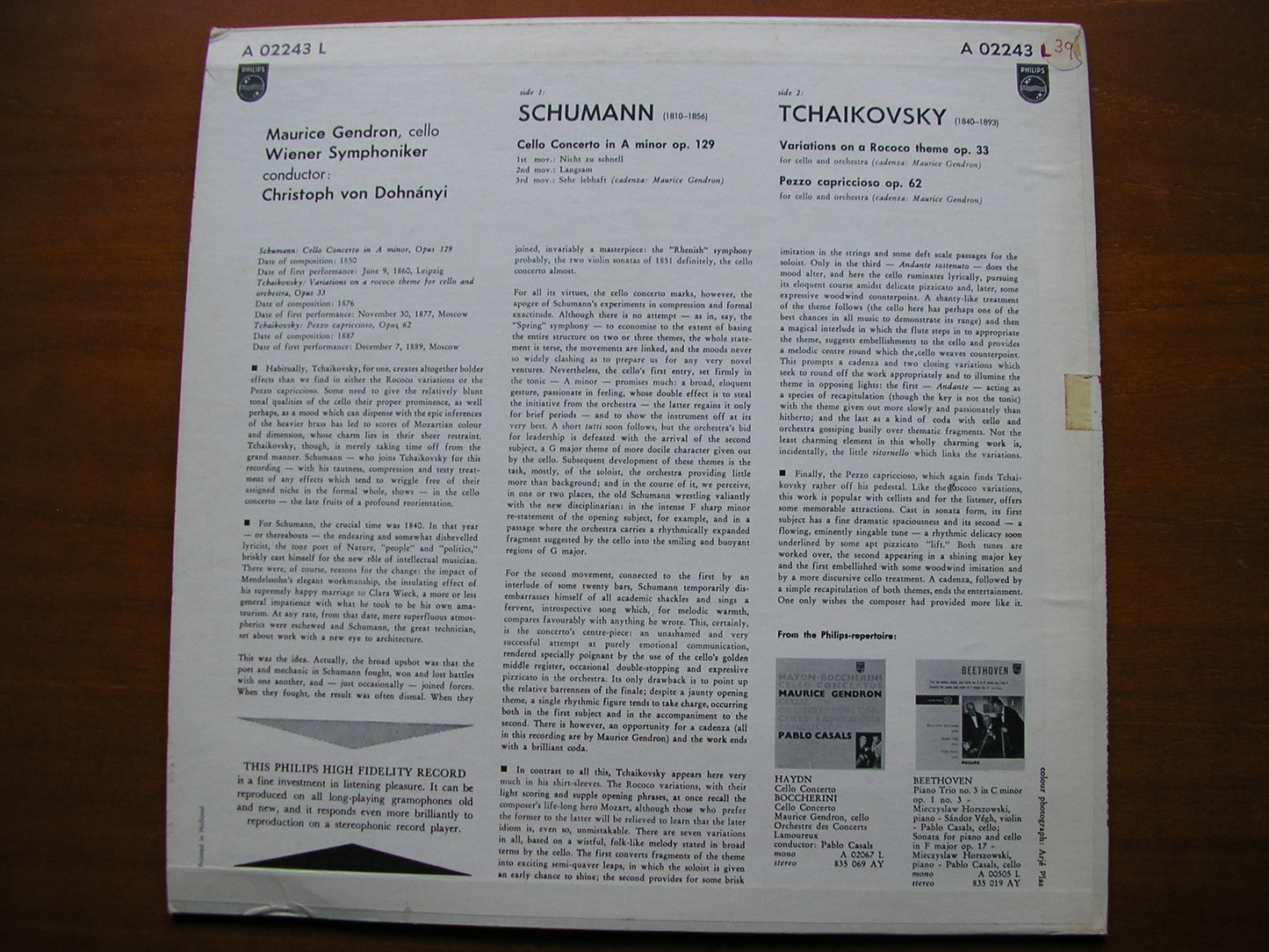 SCHUMANN: CELLO CONCERTO / TCHAIKOVSKY: ROCOCO VARIATIONS     GENDRON / VIENNA SYMPHONY / DOHNANYI    A 02243