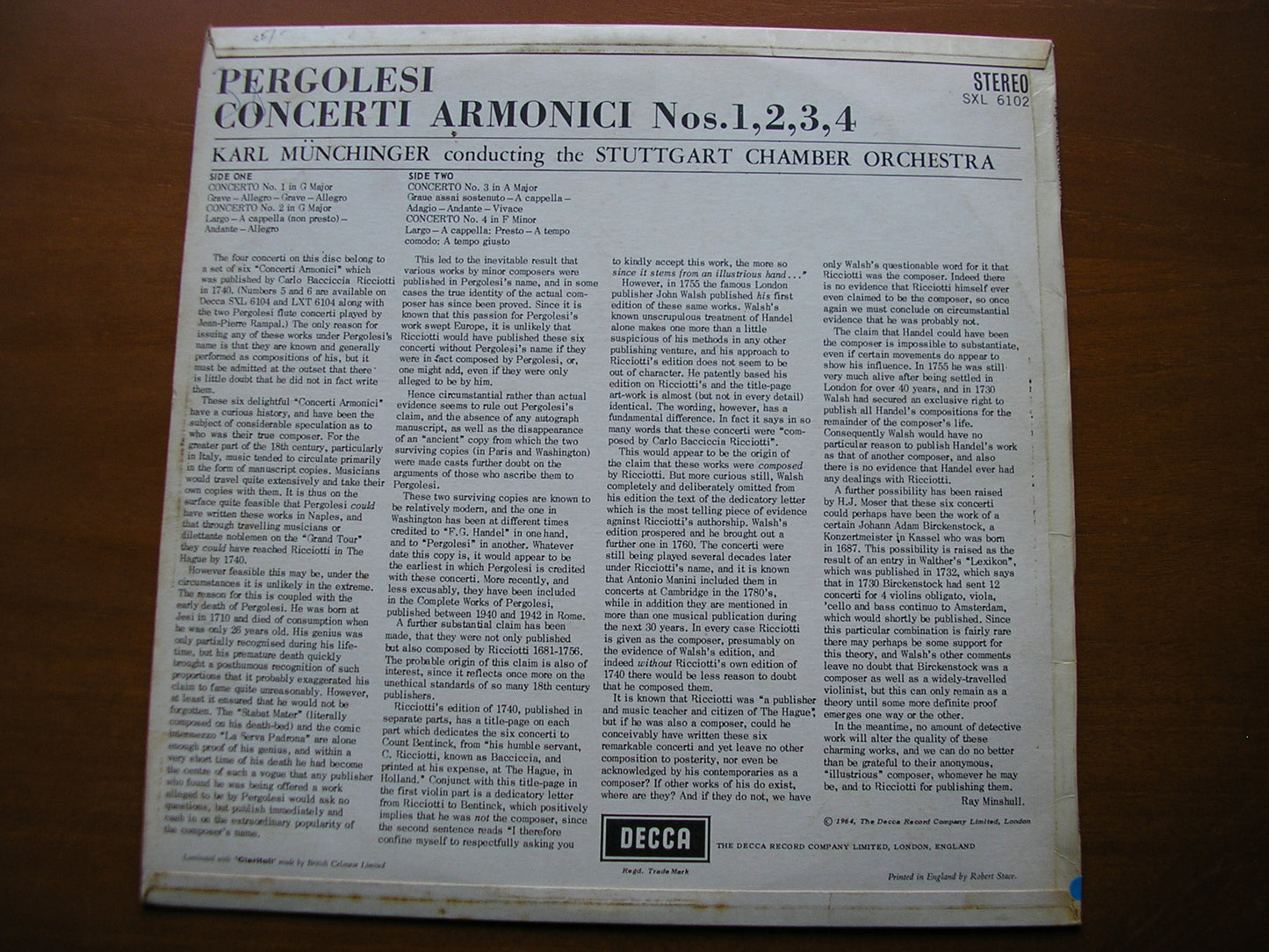 SXL 6102  PERGOLESI: CONCERTI ARMONICI Nos. 1 / 2 / 3 / 4       MUNCHINGER / STUTTGART CHAMBER ORCHESTRA      ED1