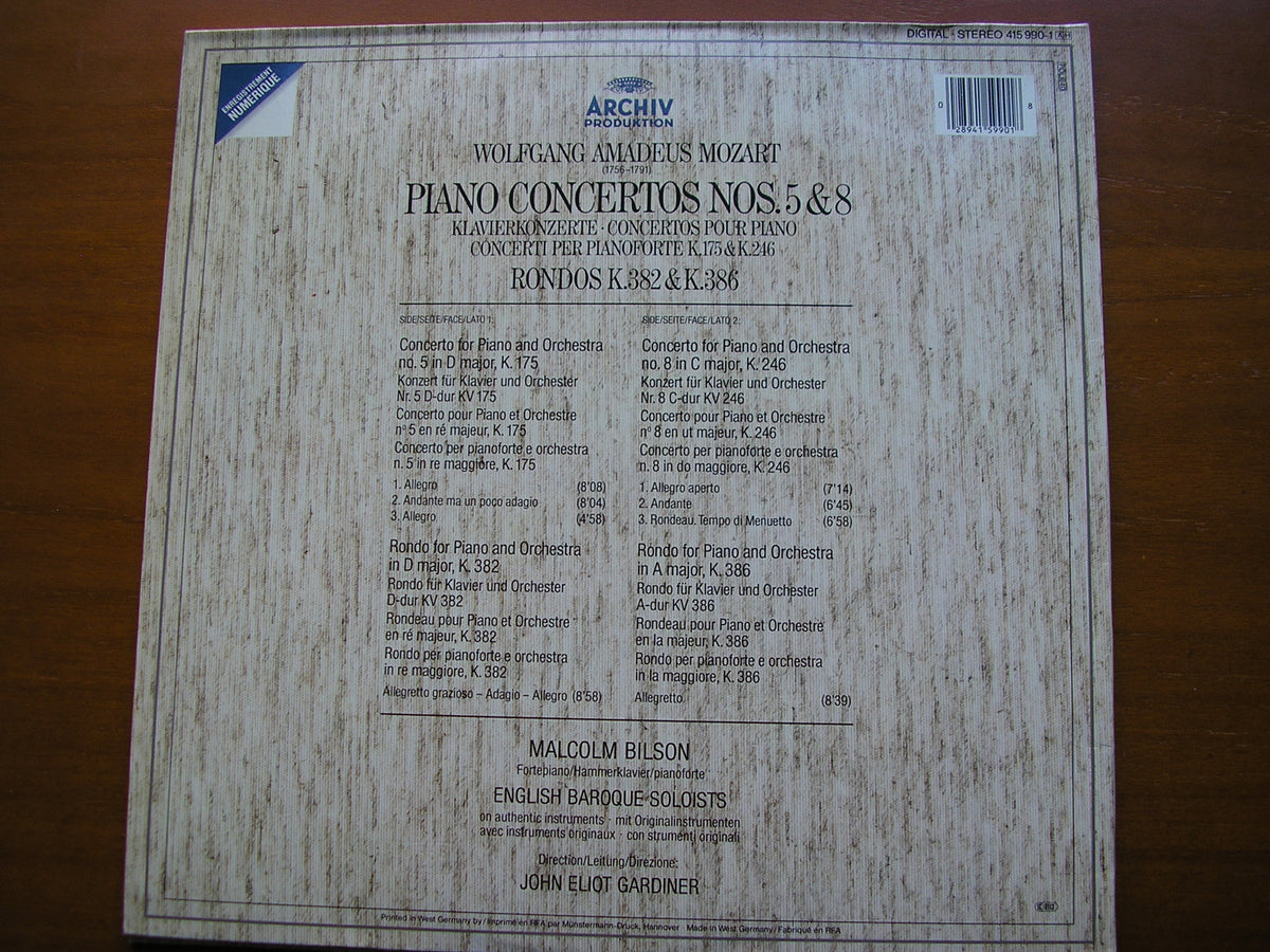 MOZART: PIANO CONCERTOS Nos. 5 & 8      BILSON / ENGLISH BAROQUE SOLOISTS / GARDINER      415 990