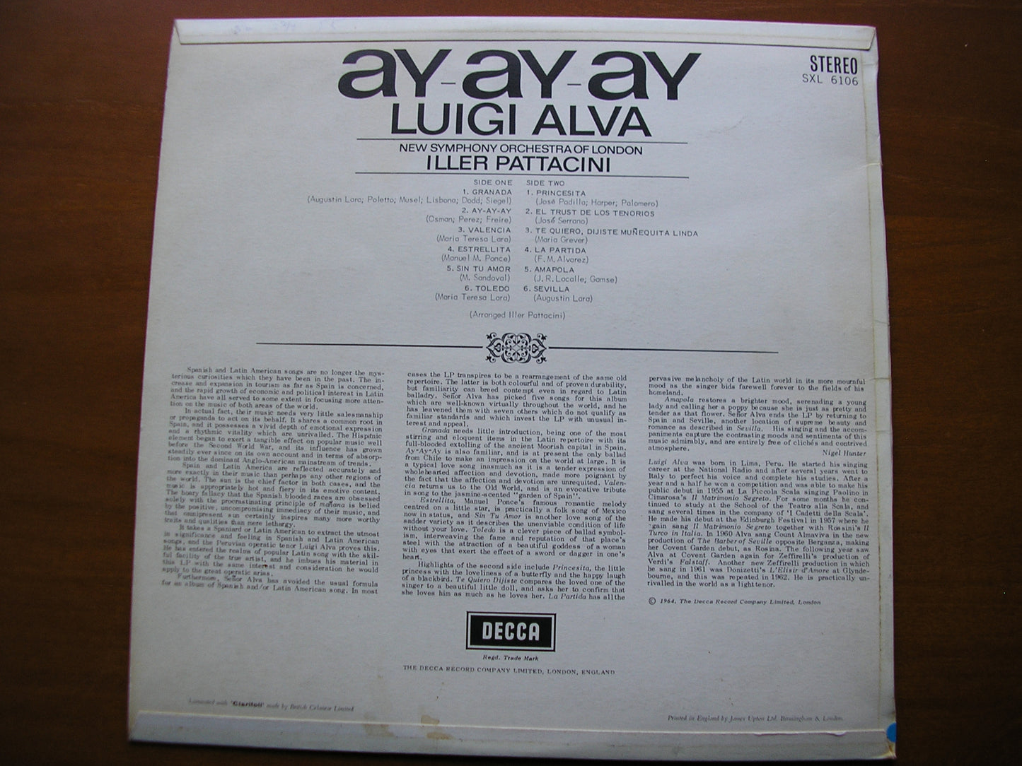 SXL 6106  LUIGI ALVA SINGS SPANISH & LATIN AMERICAN SONGS      NEW SYMPHONY ORCHESTRA / PARTTACINI     ED1