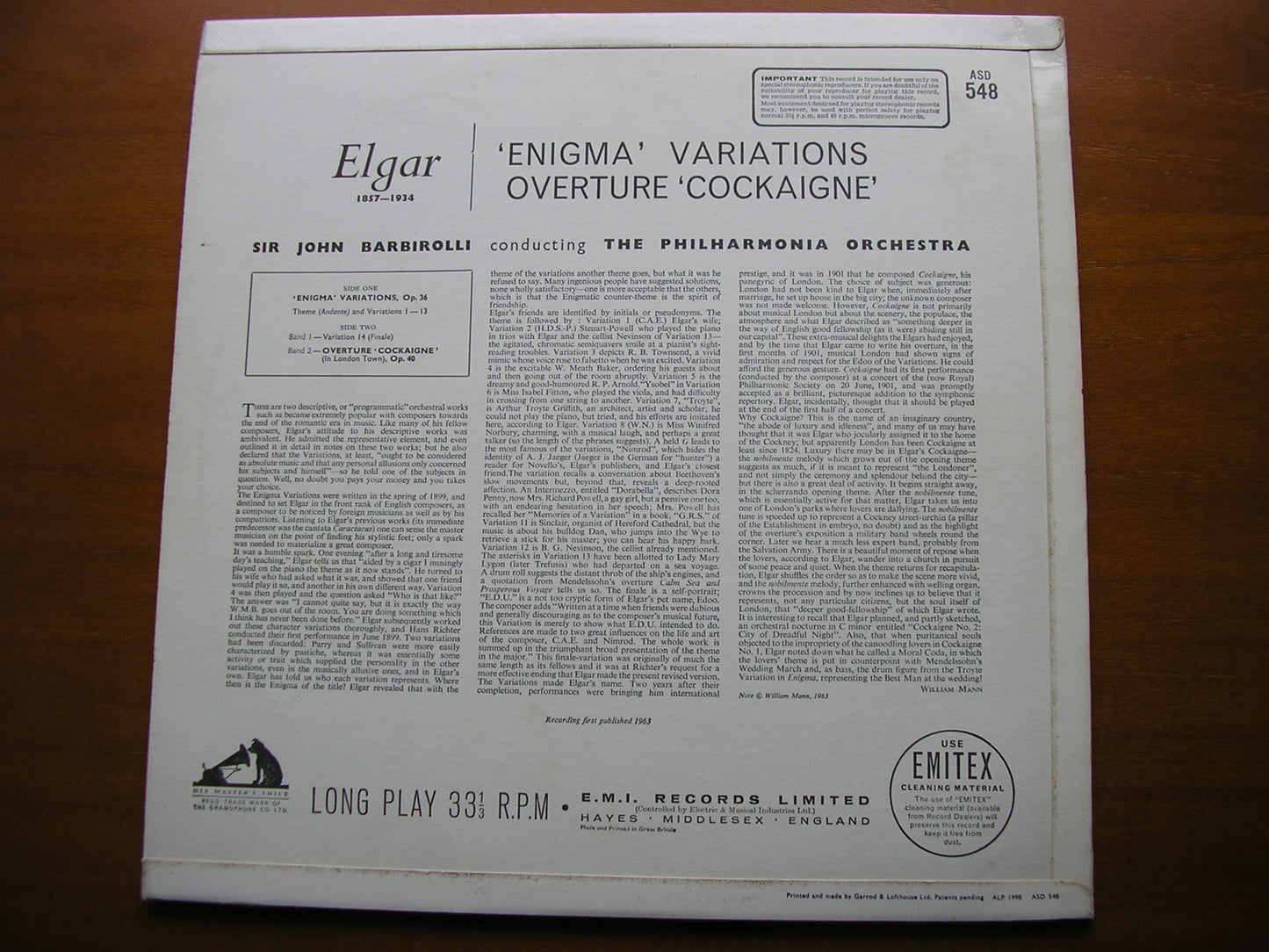 ELGAR: ENIGMA VARIATIONS / COCKAIGNE OVERTURE      BARBIROLLI / PHILHARMONIA     ASD 548