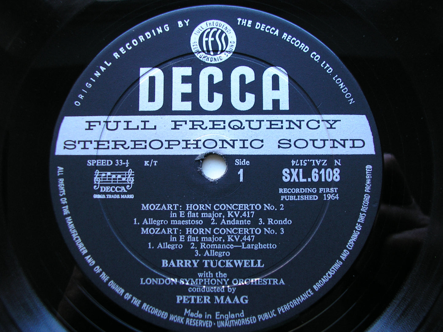 SXL 6108   MOZART: HORN CONCERTOS Nos. 1 - 4      TUCKWELL / LONDON SYMPHONY / MAAG      ED1