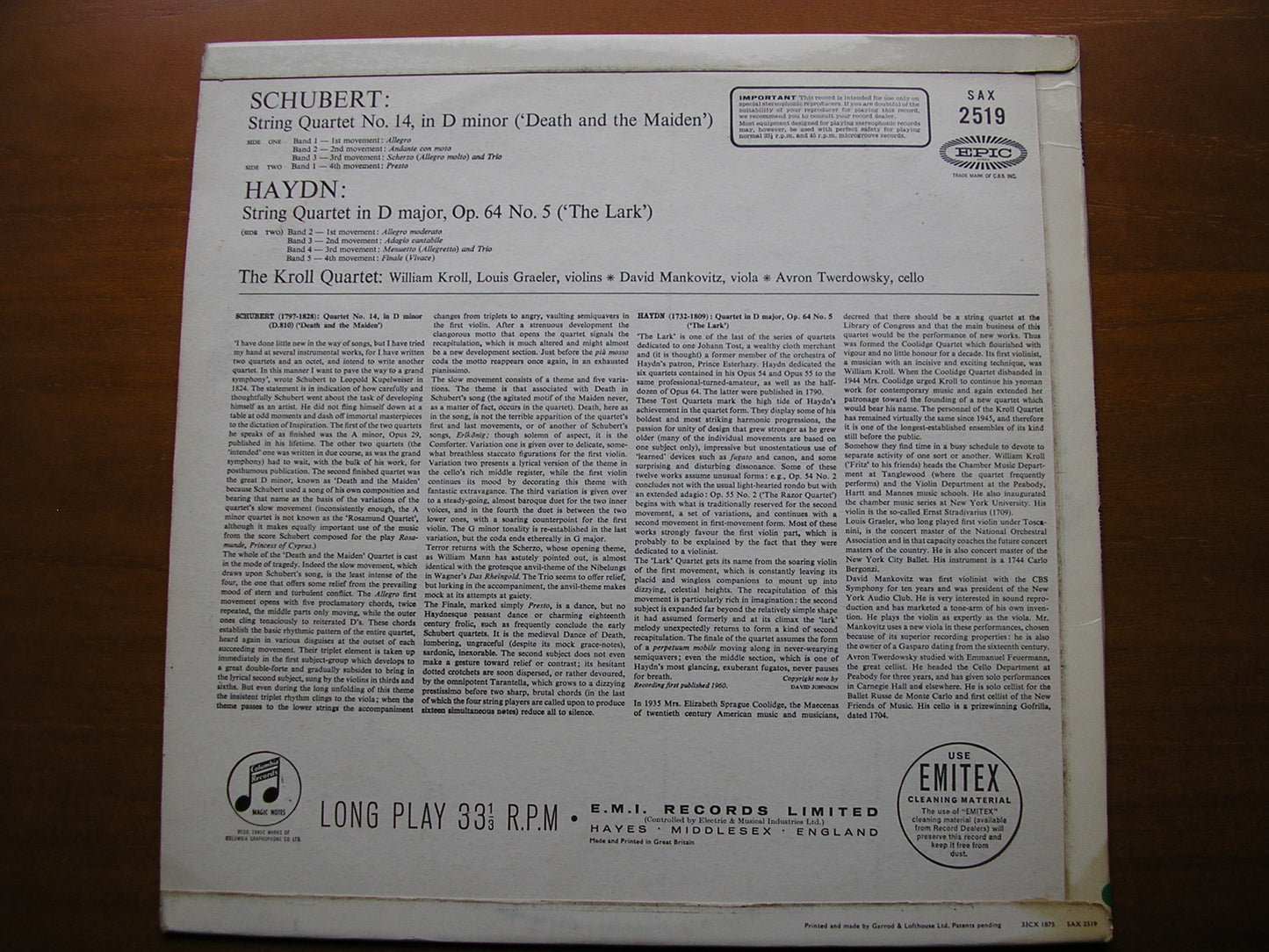 SCHUBERT: STRING QUARTET 'Death & the Maiden' / HAYDN: STRING QUARTET in D 'The Lark'      KROLL QUARTET     SAX 2519