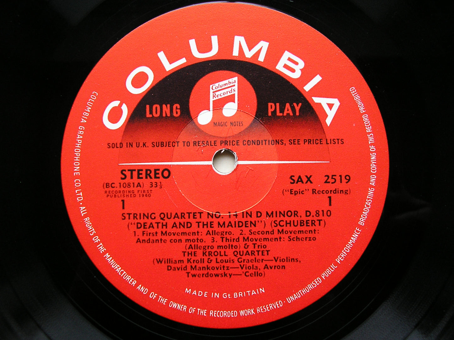 SCHUBERT: STRING QUARTET 'Death & the Maiden' / HAYDN: STRING QUARTET in D 'The Lark'      KROLL QUARTET     SAX 2519