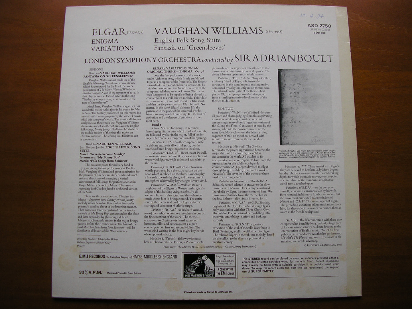 ELGAR: ENIGMA VARIATIONS / VAUGHAN WILLIAMS: ENGLISH FOLK SONG SUITE / GREENSLEEVES     BOULT / LONDON SYMPHONY    ASD 2750