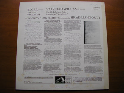 ELGAR: ENIGMA VARIATIONS / VAUGHAN WILLIAMS: ENGLISH FOLK SONG SUITE / GREENSLEEVES     BOULT / LONDON SYMPHONY    ASD 2750