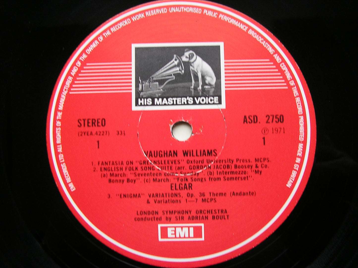 ELGAR: ENIGMA VARIATIONS / VAUGHAN WILLIAMS: ENGLISH FOLK SONG SUITE / GREENSLEEVES     BOULT / LONDON SYMPHONY    ASD 2750
