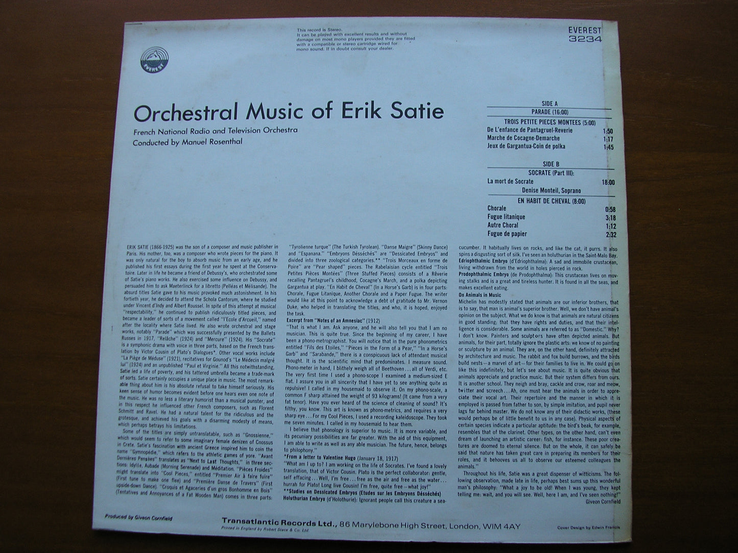 SATIE: ORCHESTRAL MUSIC       ROSENTHAL / FRENCH NATIONAL RADIO ORCHESTRA     3234