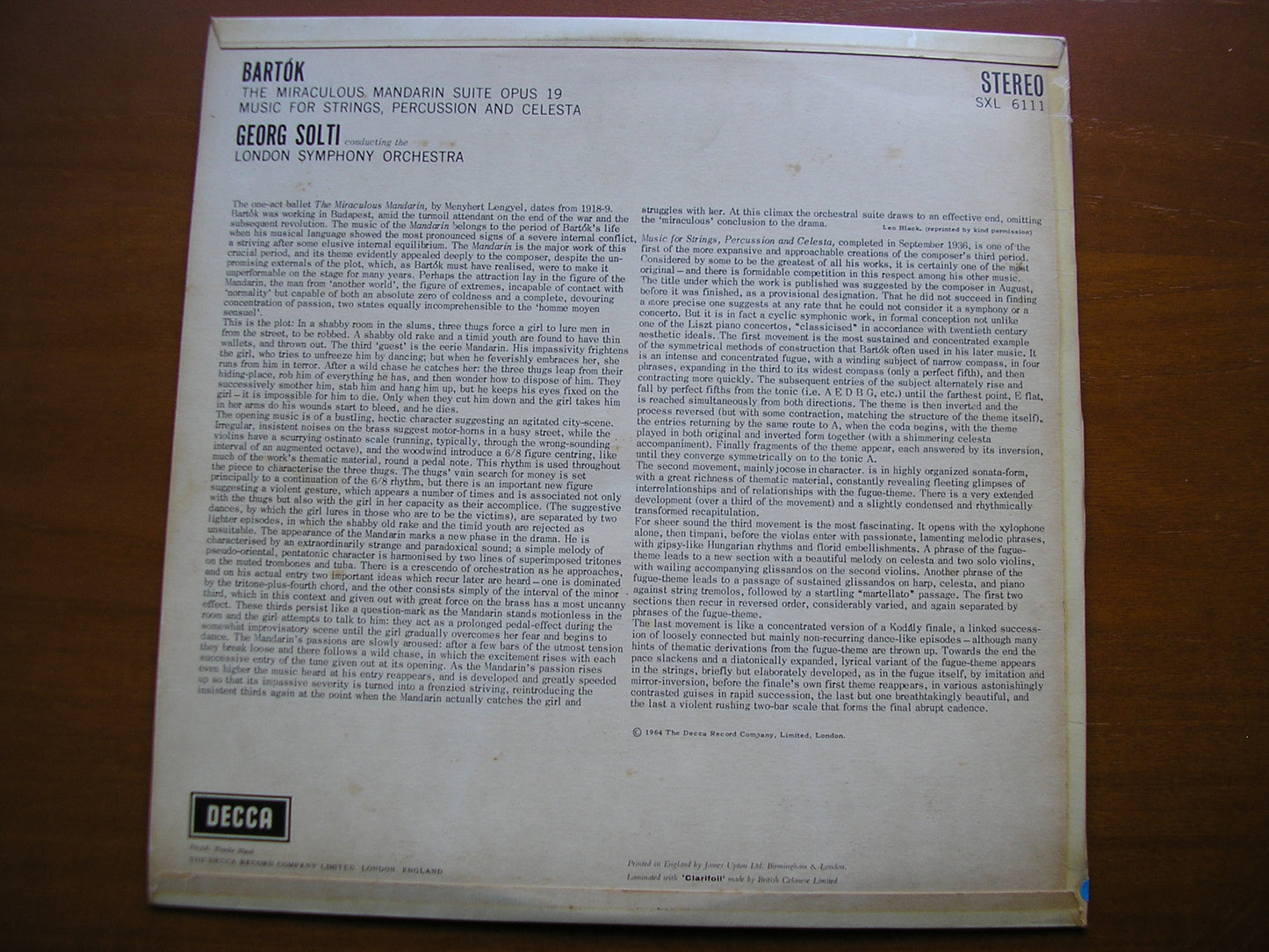 SXL 6111  BARTOK: THE MIRACULOUS MANDARIN / MUSIC FOR STRINGS, PERCUSSION & CELESTA      SOLTI / LSO       ED1