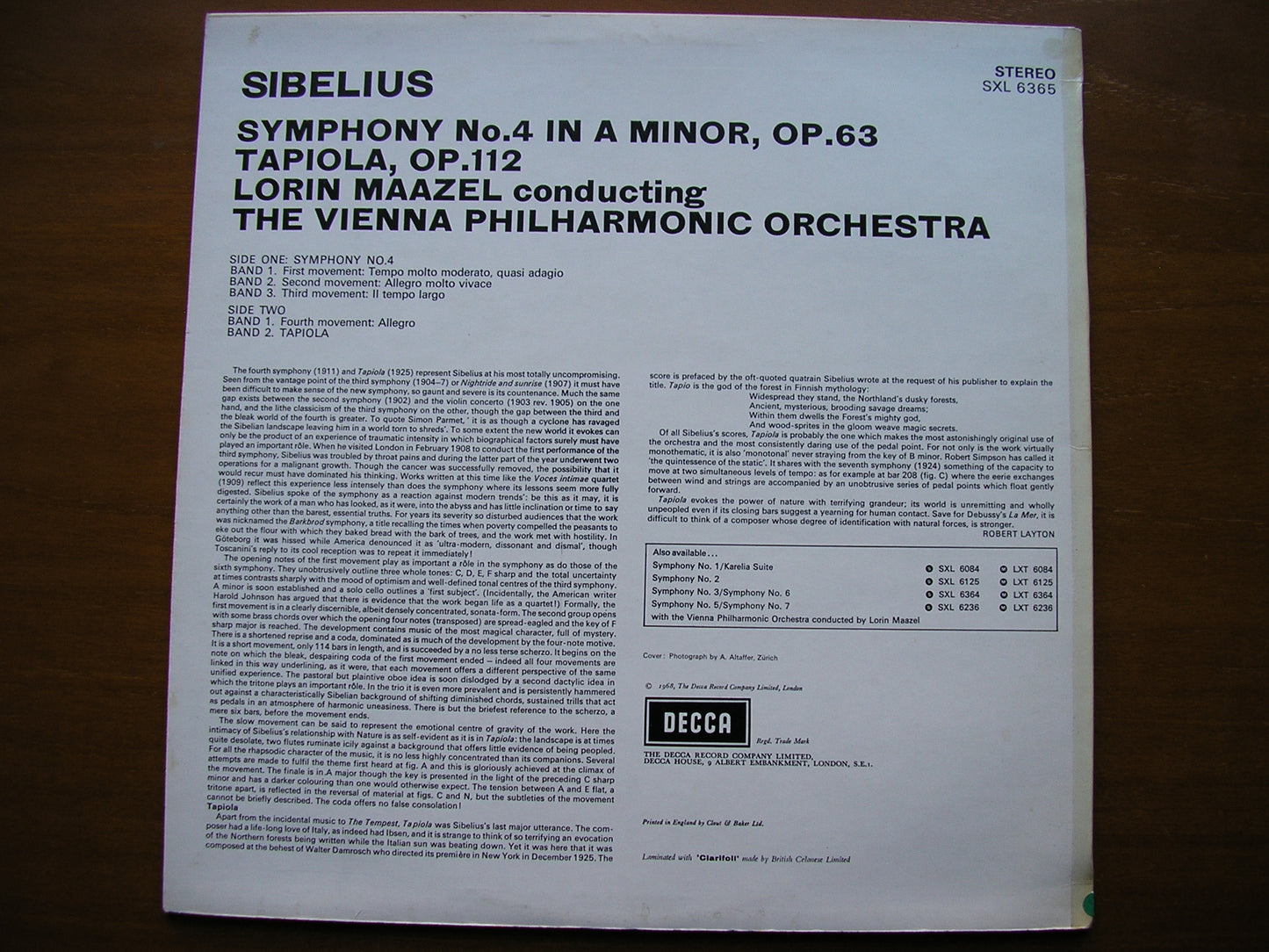 SXL 6365  SIBELIUS: SYMPHONY No. 4 / TAPIOLA     MAAZEL / VIENNA PHILHARMONIC    ED2