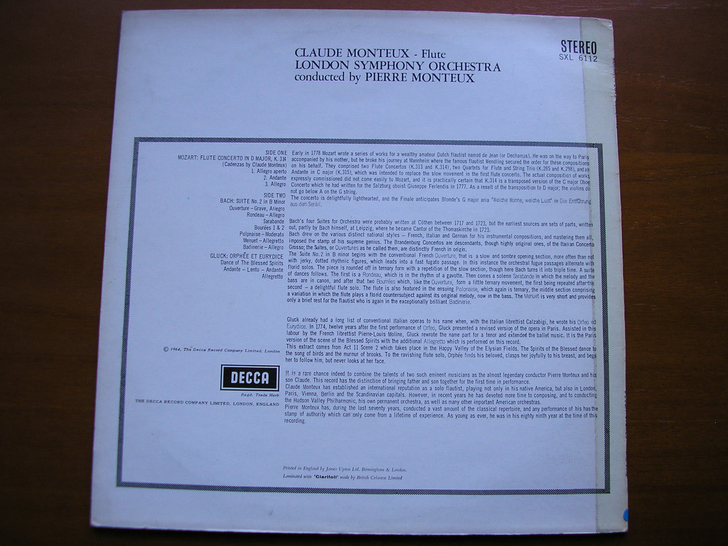 SXL 6112  MOZART: FLUTE CONCERTO K314 / BACH: SUITE No. 2 / GLUCK: DANCE OF THE BLESSED SPIRITS     MONTEUX / LSO / MONTEUX     ED1
