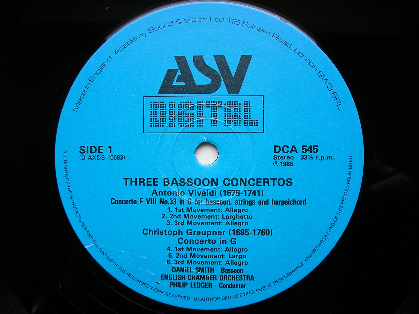 THREE BASSOON CONCERTOS: GRAUPNER / VIVALDI / JC BACH      SMITH / ENGLISH CHAMBER ORCHESTRA / LEDGER      DCA 545