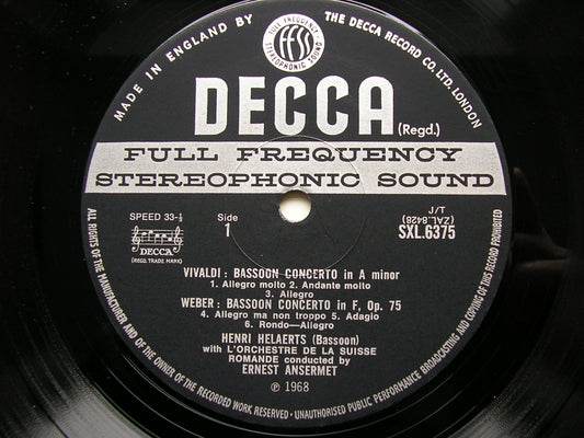 SXL 6375  BASSOON & TRUMPET CONCERTOS: VIVALDI / HUMMEL / WEBER / LEOPOLD MOZART      ANSERMET / SUISSE ROMANDE   ED3