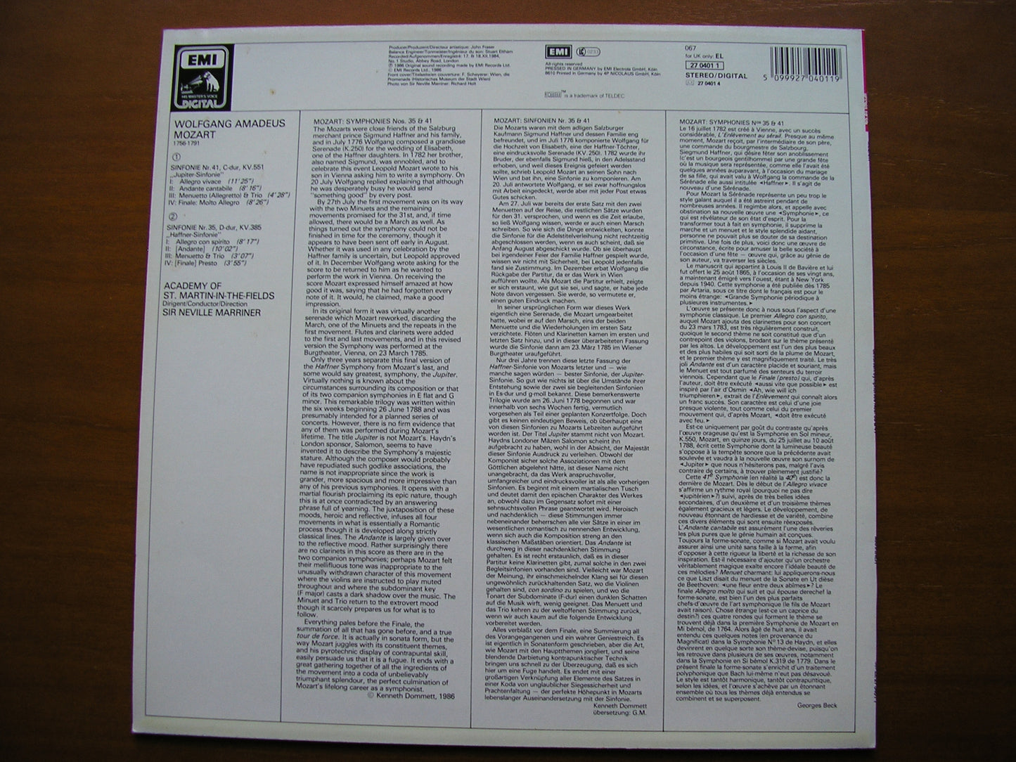 MOZART: SYMPHONIES Nos. 35 'Haffner'  &  41 'Jupiter'      MARRINER / ASMIF     27 0401