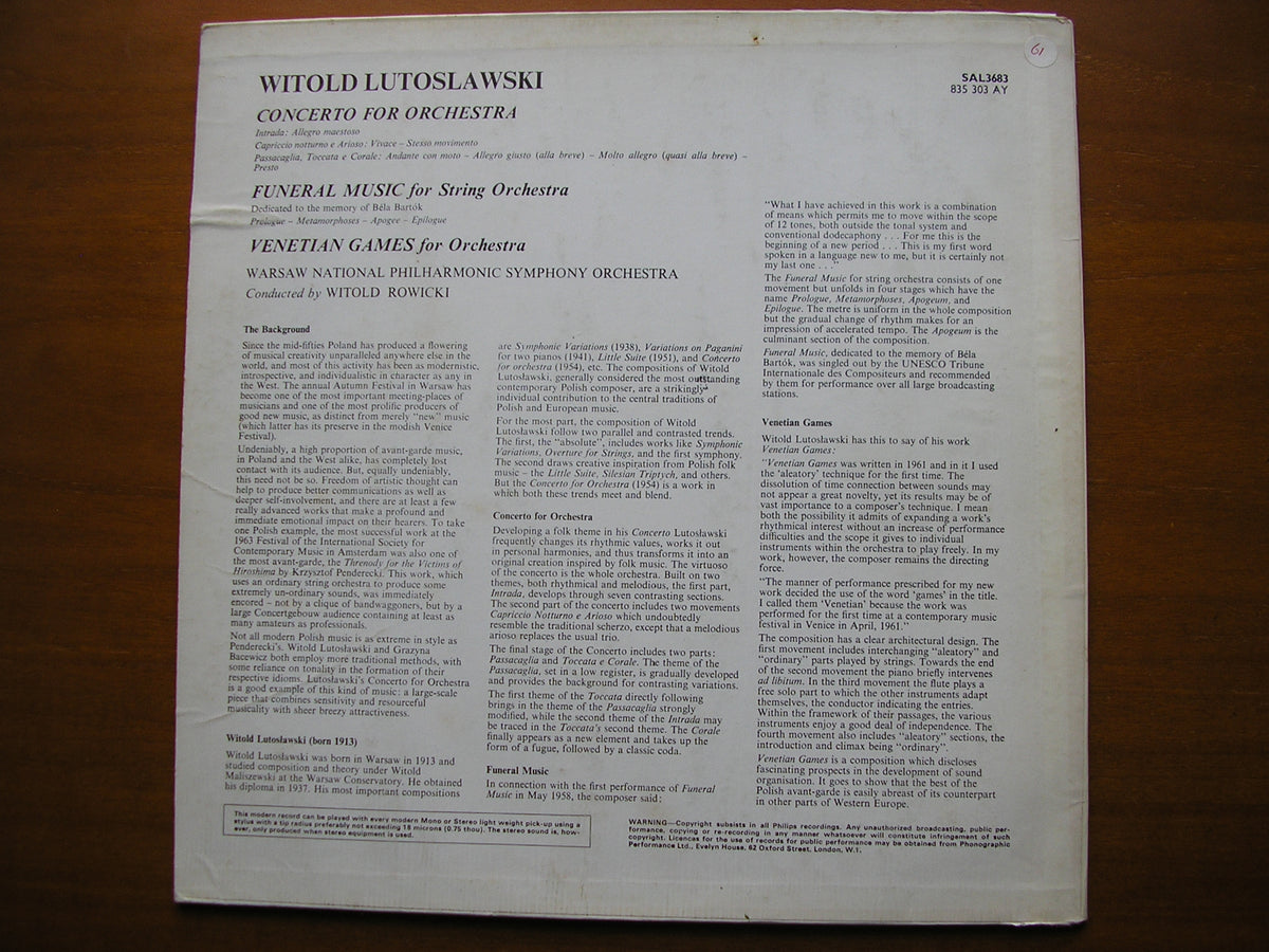 LUTOSLAWSKI: CONCERTO FOR ORCHESTRA / FUNERAL MUSIC / VENETIAN GAMES     WARSAW SYMPHONY / ROWICKI     SAL 3683