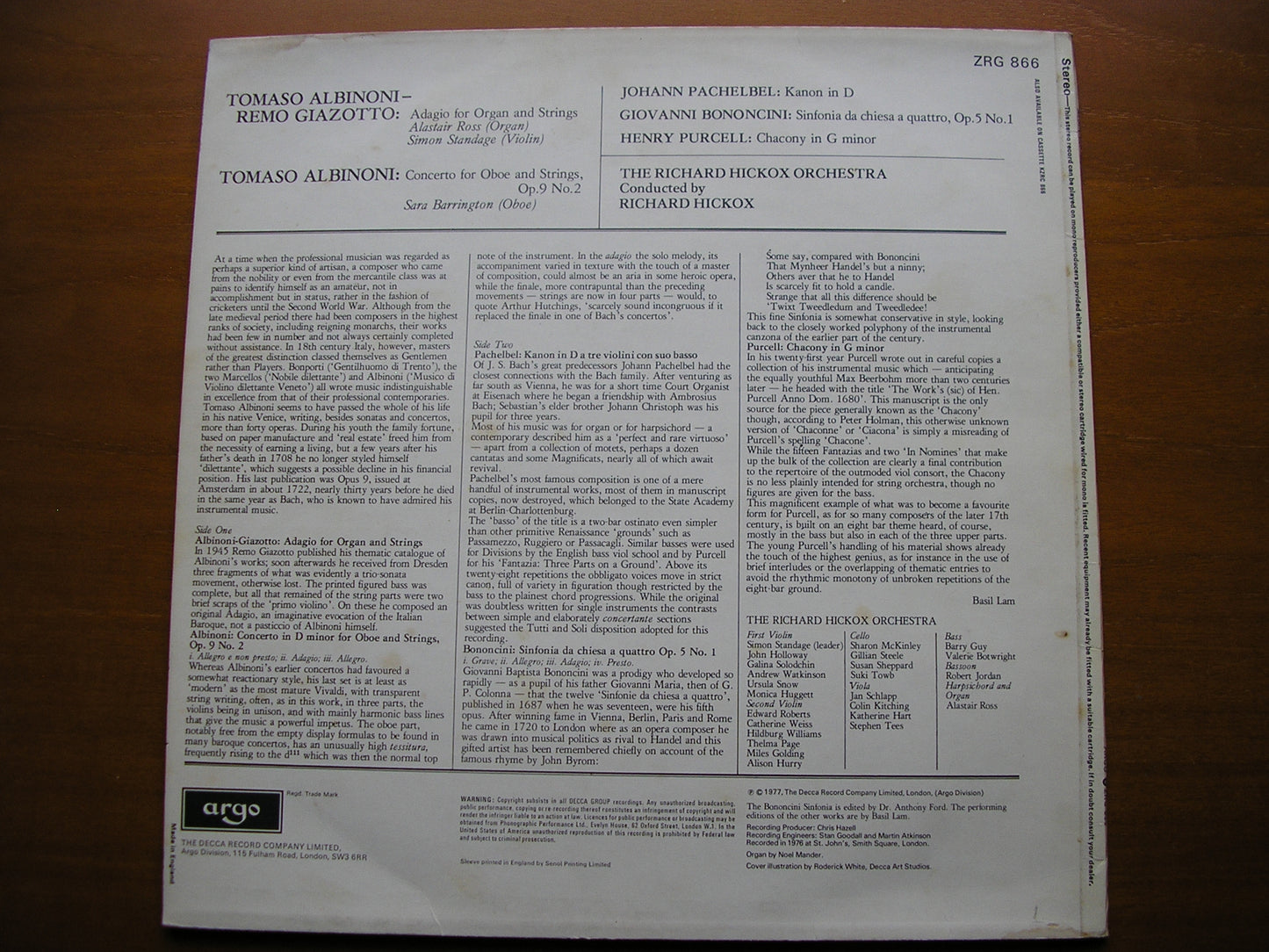 ALBINONI / BONONCINI / PACHELBEL / PURCELL: ORCHESTRAL MUSIC    THE RICHARD HICKOX ORCHESTRA / HICKOX      ZRG 866