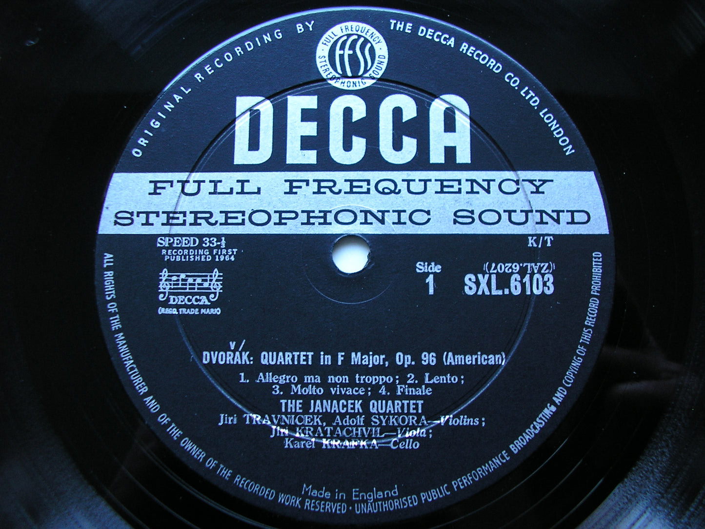SXL 6103  DVORAK: STRING QUARTETS in F Op. 96  &  in D Op. 34       JANACEK QUARTET     ED1