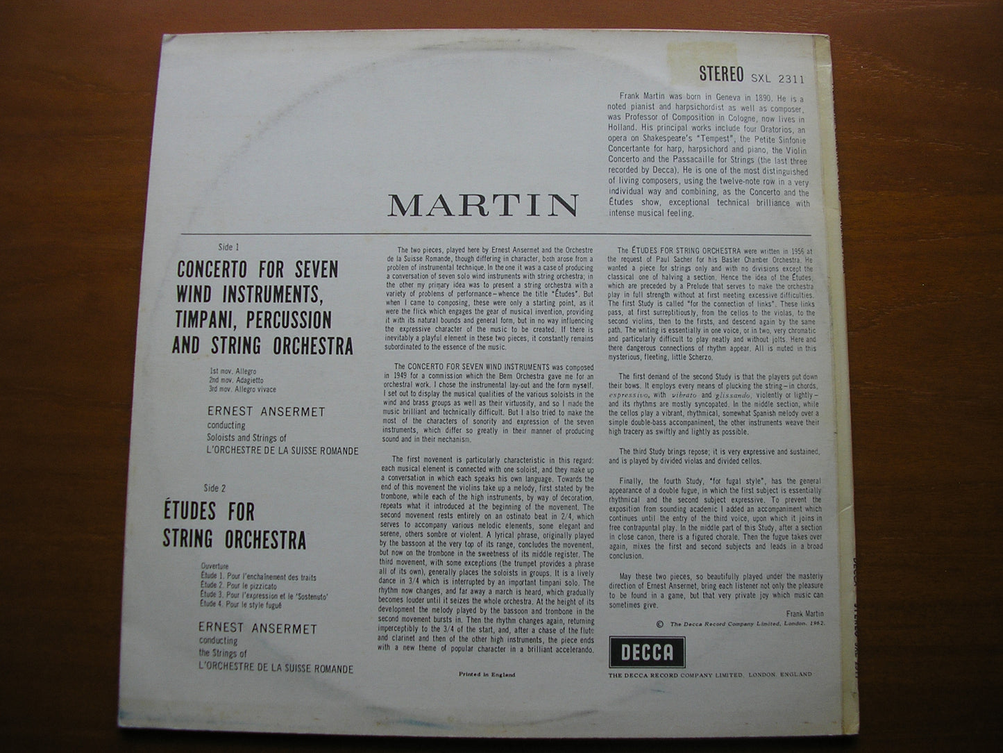 MARTIN: CONCERTO FOR 7 WINDS / ETUDES FOR STRINGS   ANSERMET / SUISSE ROMANDE   SXL 2311