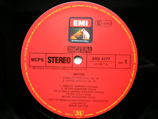 BRITTEN:  YOUNG APOLLO / CANADIAN CARNIVAL / FOUR FRENCH SONGS / SCOTTISH BALLAD     SOLOISTS / CBSO / RATTLE    ASD 4177