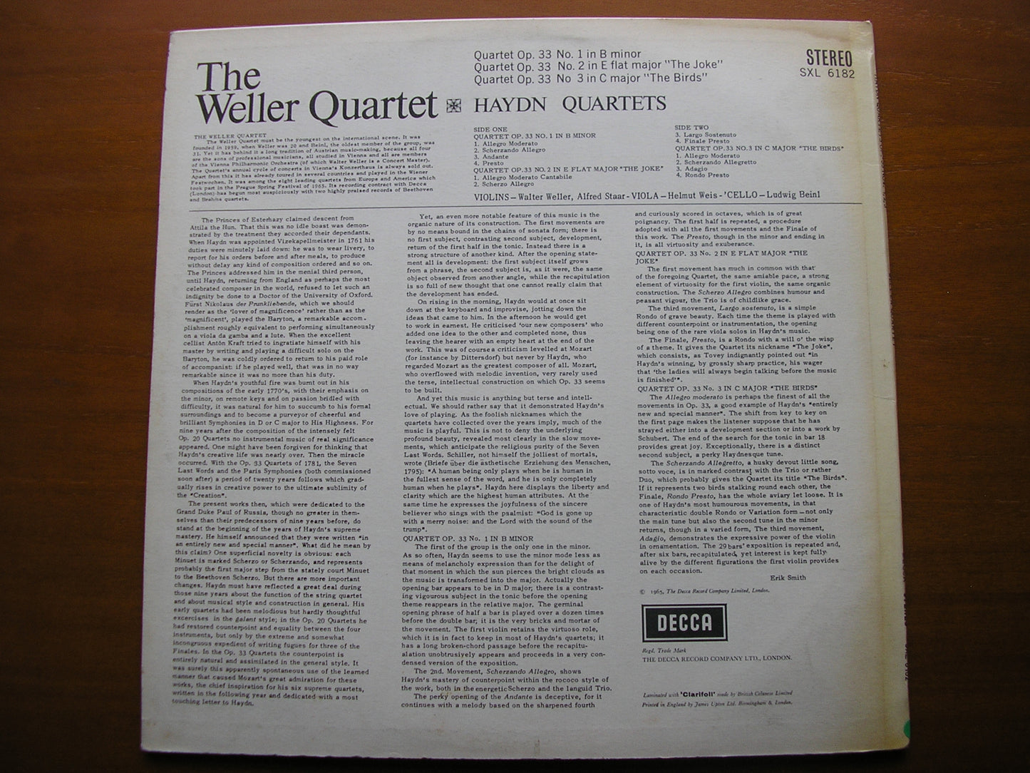 HAYDN: STRING QUARTETS Nos. 1 / 2 / 3 Op. 33    THE WELLER QUARTET    SXL 6182