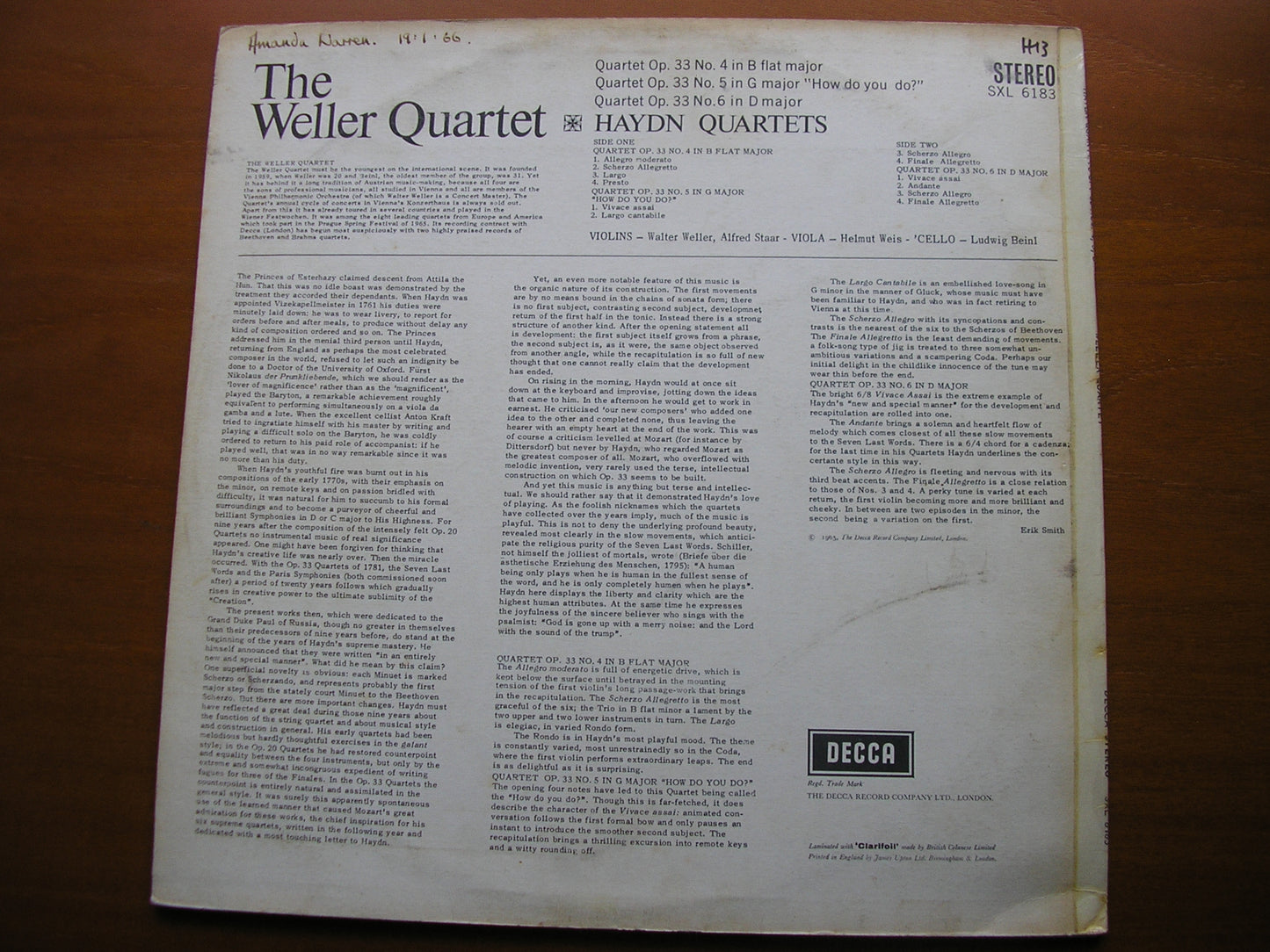 HAYDN: STRING QUARTETS Nos. 4 / 5 / 6 Op.33      THE WELLER QUARTET SXL 6183