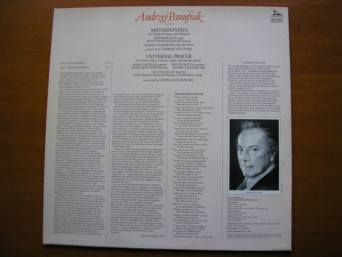 PANUFNIK: METASINFONIA / UNIVERSAL PRAYER     SOLOISTS / LONDON SYMPHONY ORCHESTRA / PANUFNIK / STOKOWSKI    DKP 9049