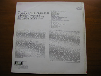 BRITTEN: A CHARM OF LULLABIES / FOLK SONG ARRANGEMENTS    BERNADETTE GREEVY / PAUL HAMBURGER      SXL 6413