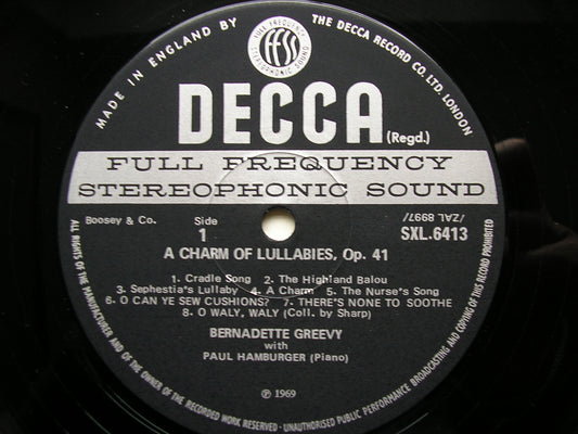 BRITTEN: A CHARM OF LULLABIES / FOLK SONG ARRANGEMENTS    BERNADETTE GREEVY / PAUL HAMBURGER      SXL 6413