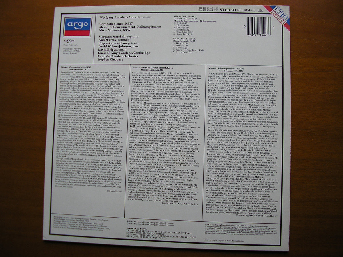 MOZART: CORONATION MASS / MISSA SOLEMNIS    SOLOISTS / ENGLISH CHAMBER ORCHESTRA / CLEOBURY     411 904