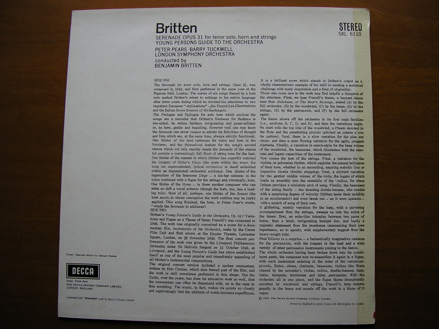 BRITTEN: YOUNG PERSON'S GUIDE TO THE ORCHESTRA / SERENADE Op. 31     PEARS / TUCKWELL / LONDON SYMPHONY / BRITTEN     SXL 6110