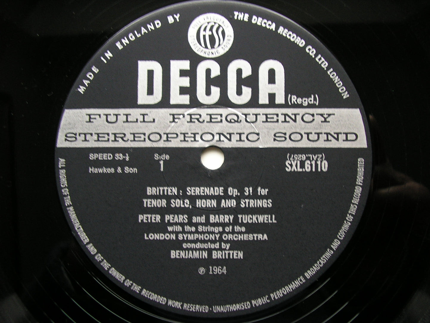 BRITTEN: YOUNG PERSON'S GUIDE TO THE ORCHESTRA / SERENADE Op. 31     PEARS / TUCKWELL / LONDON SYMPHONY / BRITTEN     SXL 6110